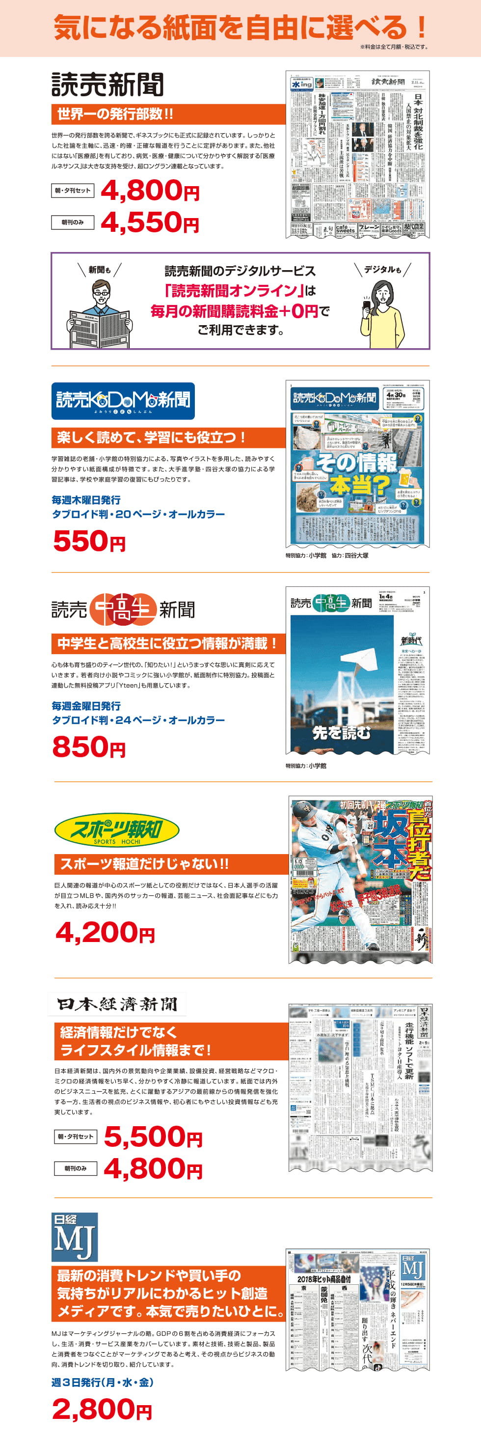 読売新聞 朝・夕刊セット4,400円　朝刊のみ4,140円