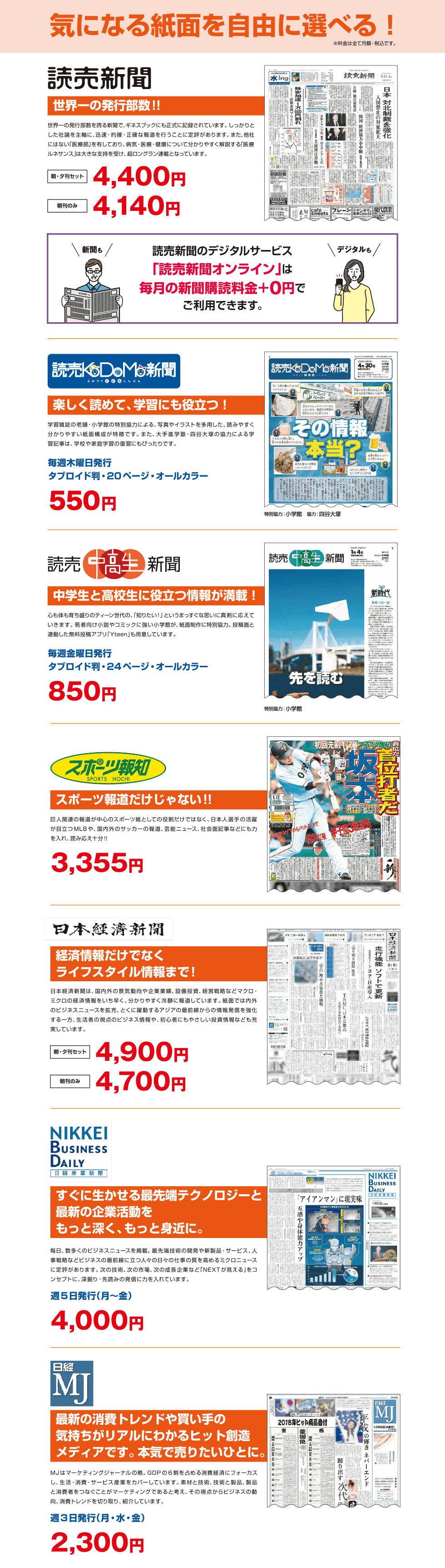 読売新聞 朝・夕刊セット4,400円　朝刊のみ4,140円